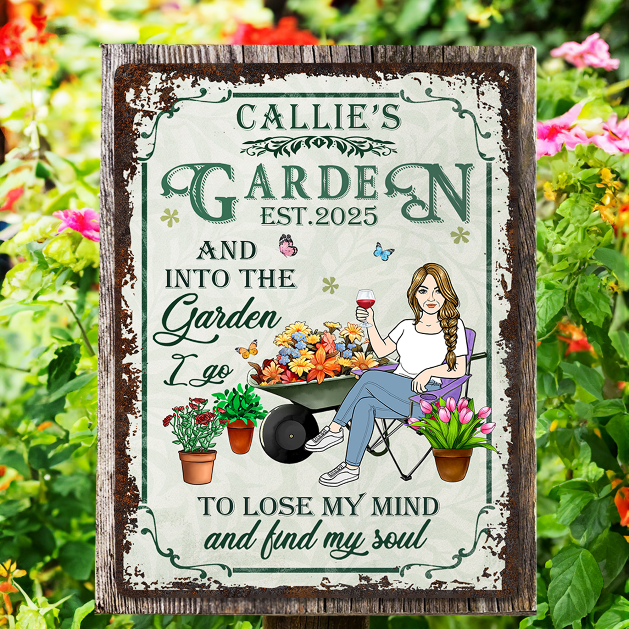 Panneau en métal personnalisé avec nom et date Décoration de jardin pendaison de crémaillère Cadeau d'anniversaire pour maman grand-mère amateurs de jardinage