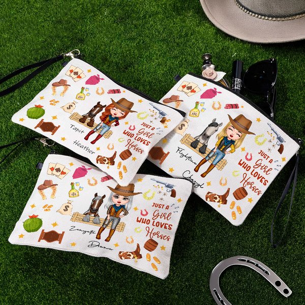 Henkilökohtainen sarjakuva hevonen ja Cowboy tyttö meikki laukku nimi ja ranneke Travel tarvikkeet hevonen Racing syntymäpäivälahja naisille hevosen ystäville