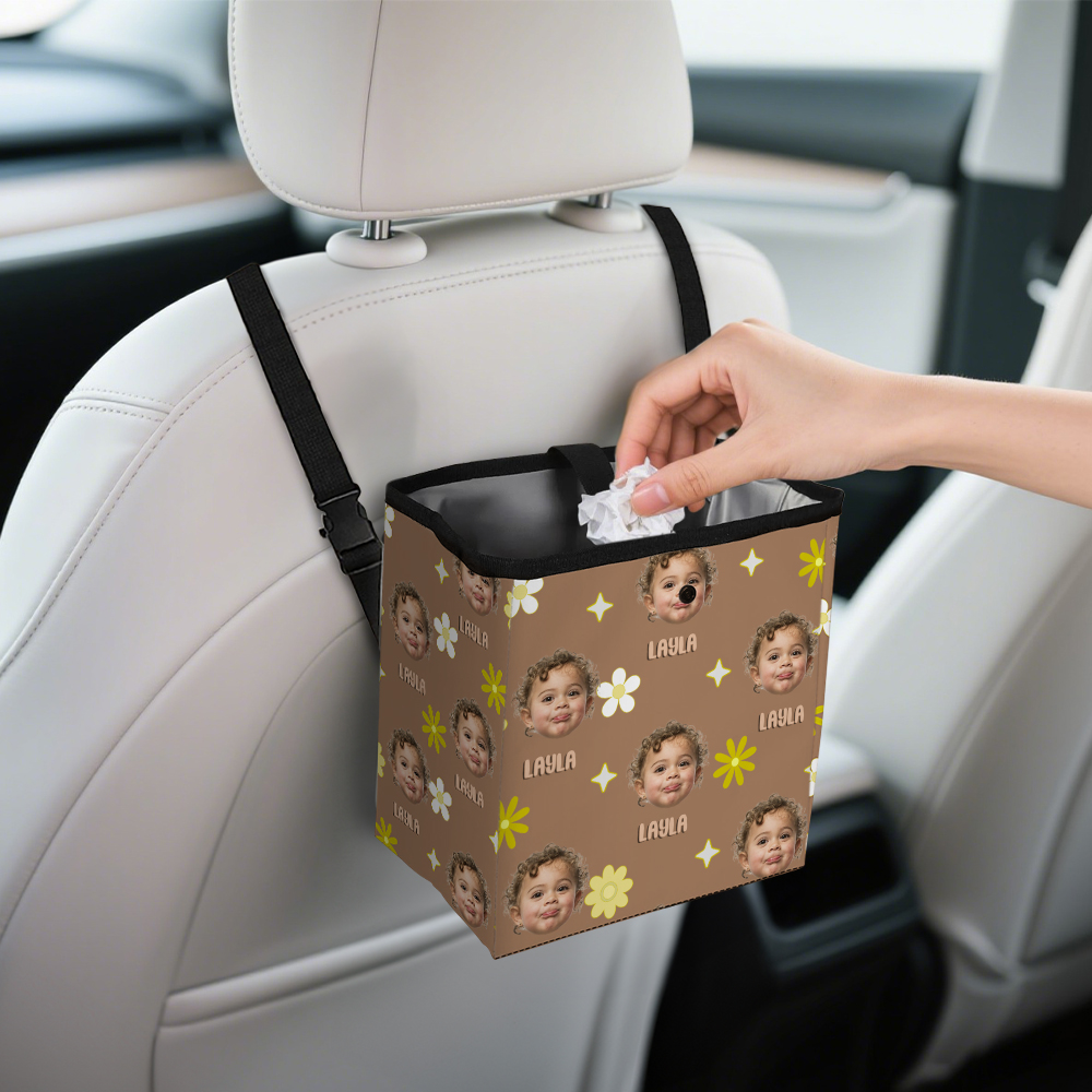 Poubelle de voiture personnalisée avec photo de visage et fleur avec nom Fournitures de voiture Cadeau d'anniversaire pour la famille et les amis