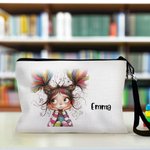 Personalised Cute Quirky Girl Makeup Bag with Name and Wrist Strap Travel Essentials Birthday Gift for Women