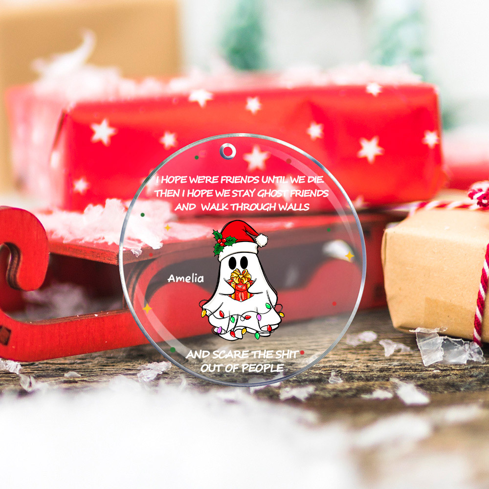 Chapeau de Noël personnalisé Fantôme Amis Ornement suspendu en acrylique avec nom Décoration de l'arbre Drôle de cadeau de Noël pour la famille Amis