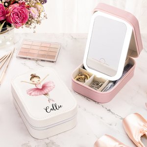 Personalized Ballerina Girl PU Leather Jewelry Box with LED Three-Color Adjustable Makeup Mirror Anniversary Birthday Gift for Ballet Lovers Dancers
