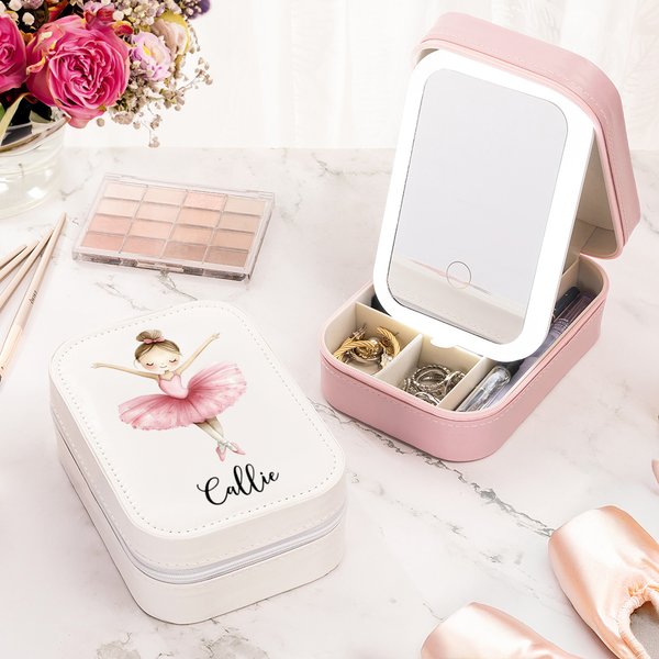 Personalised Ballerina Girl PU Leather Jewellery Box with LED Three-Colour Adjustable Makeup Mirror Anniversary Birthday Gift for Ballet Lovers Dancers