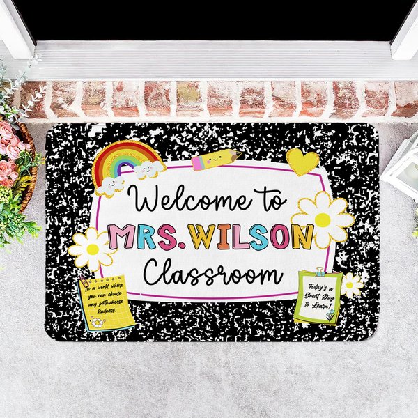 Personalised Multicolor Pencil Rainbow Welcome to Classroom Non-Slip Doormat with Text Teacher's Day Back to School Gift for Teacher
