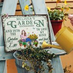 Personalised Retro Garden Cartoon Character Metal Sign with Name and Date Garden Yard Decor Housewarming Birthday Gift for Mom Grandma Family Friends