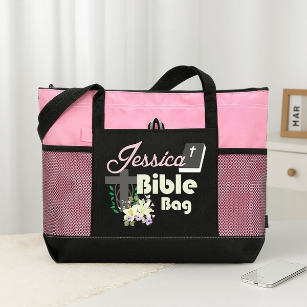 Borsa personalizzata Bibbia Croce e Fiori Chiesa con cerniera e nome Accessorio religioso di grande capacità Regalo per il cristiano