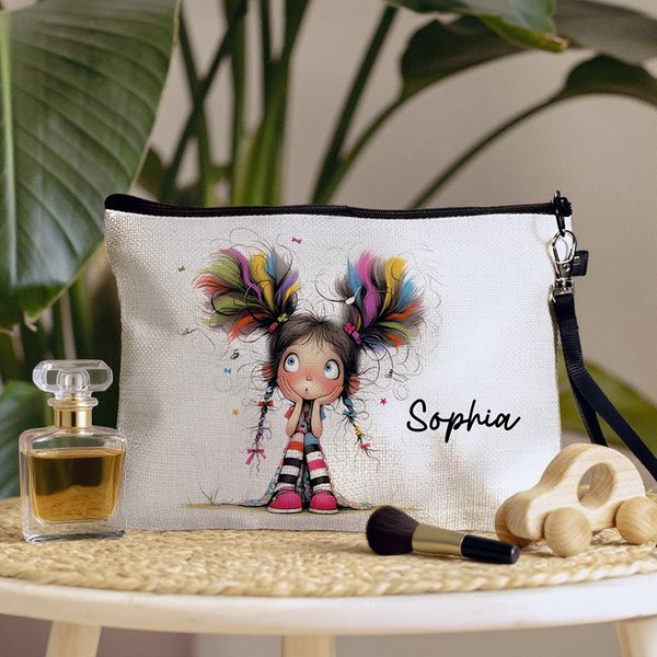 Personalised Cute Quirky Girl Makeup Bag with Name and Wrist Strap Travel Essentials Birthday Gift for Women