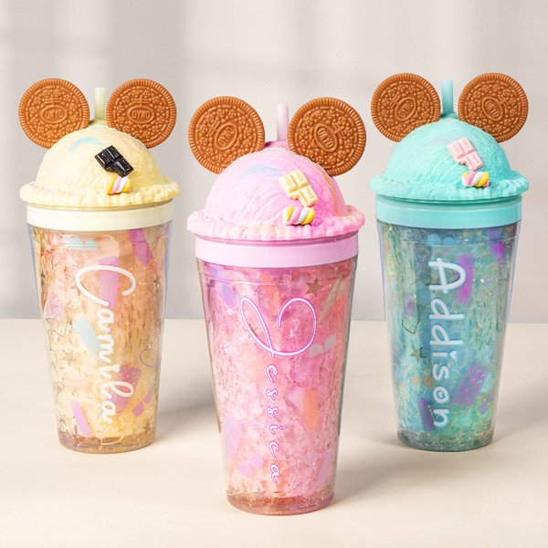 Personalised Ice Cream Biscuit Dome Lid Tumbler with Name and Straw Travel Essential Birthday Back to School Gift for Girls
