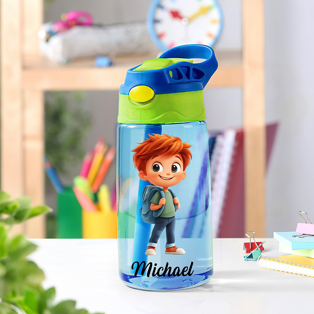 Bouteille d'Eau 475 ml Personnalisée avec Nom et Personnage d'Enfant 3D Gobelet avec Paille et Couvercle Cadeau d'Anniversaire pour Garçon Fille