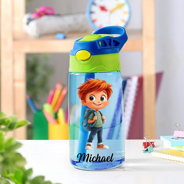 Personalized Cute Cartoon Character Name 16 oz Kid Water Bottle with Straw and Spill-Proof Lid Birthday Back to School Gift for Boys Girls