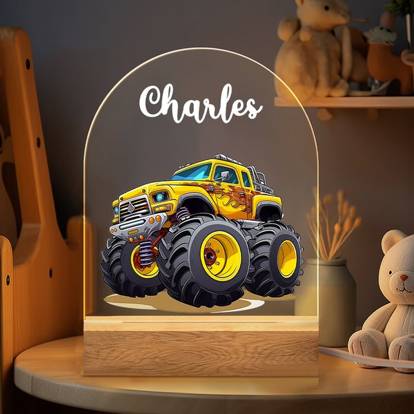 Personligt LED-nattljus med namn på tecknad lastbil med stort hjul och offroad-fordon med träbas och justerbara 7 färger Heminredning Födelsedagspresent för barn
