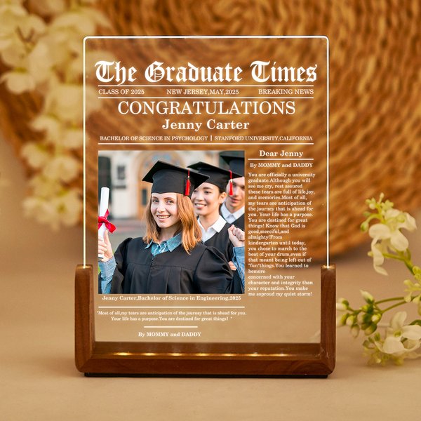 Henkilökohtainen sanomalehti tyyli Photo Vanhemmat viesti LED yövalo nimi vuosi ja puinen pohja Keepsake huoneen sisustus Valmistuminen lahja valmistuneille