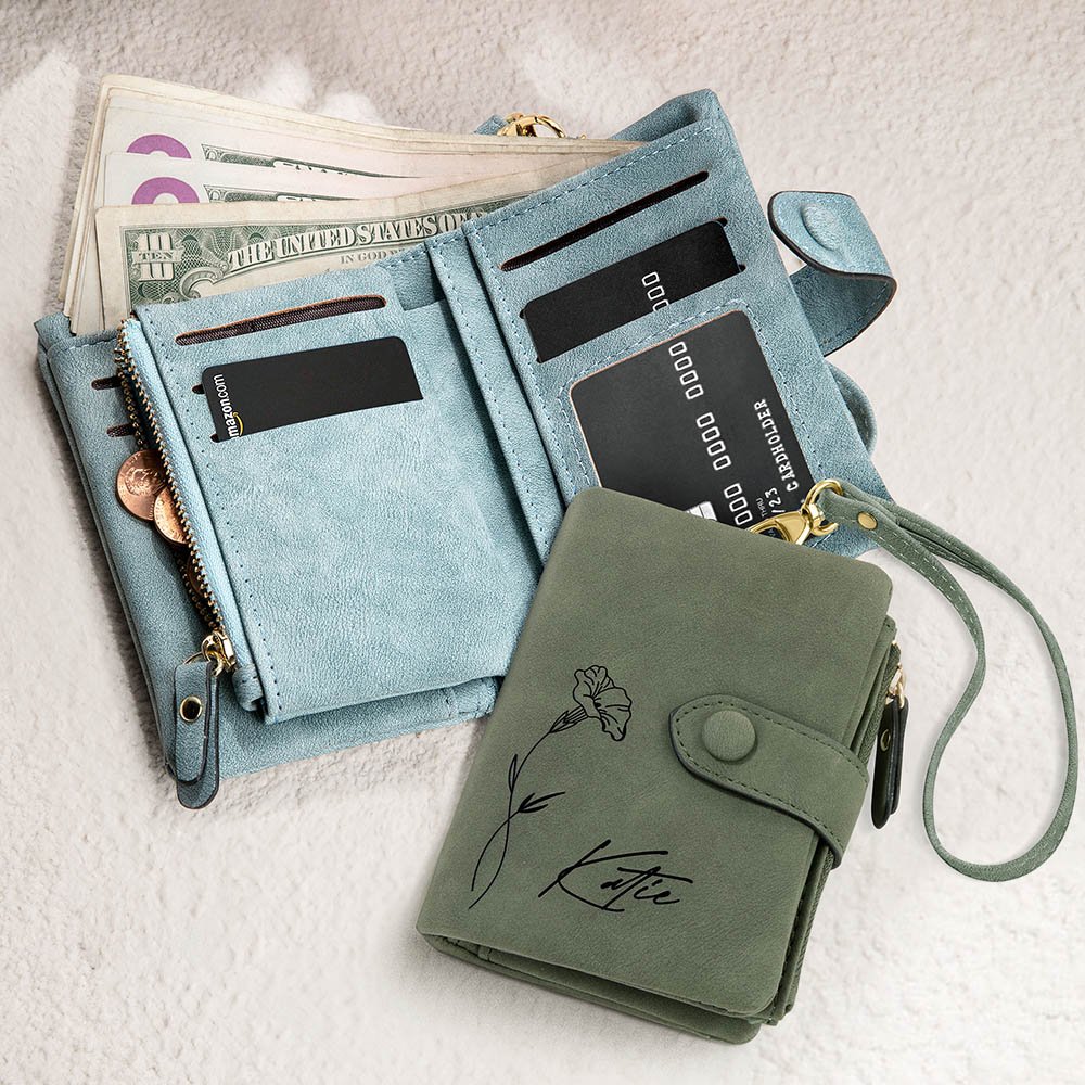 Personalisierte Dreifach PU-Leder Geldbörse mit Geburtsblume und Namen Geschenk für Mama
