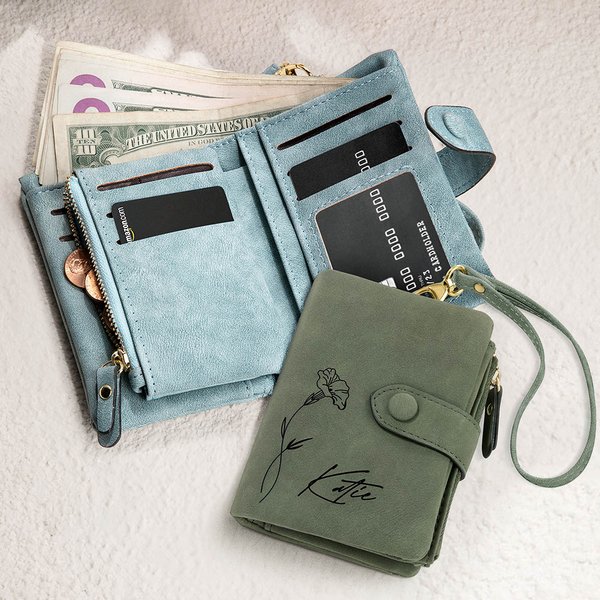 Personalized Tri-Fold Birth Flower PU Leather Wallet Card Holder Birthday Gift for Woman