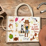 Henkilökohtainen Cowgirl hevonen elementti kestävä juutti Kangaskassi nimi suuri kapasiteetti Travel tarvikkeet syntymäpäivälahja naisille hevonen ystäville