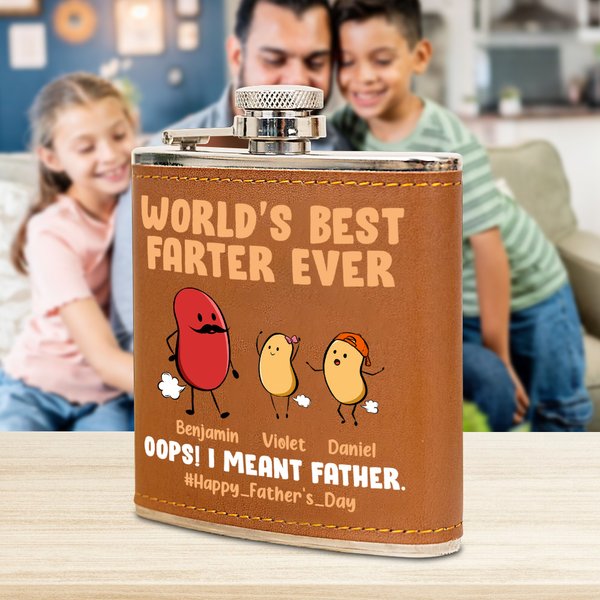 Personlig söt pruttande böna 6 oz rostfritt stål spritflaska med läderhölje och 1-10 barnnamn Fars dag födelsedagspresent för drinkare pappa
