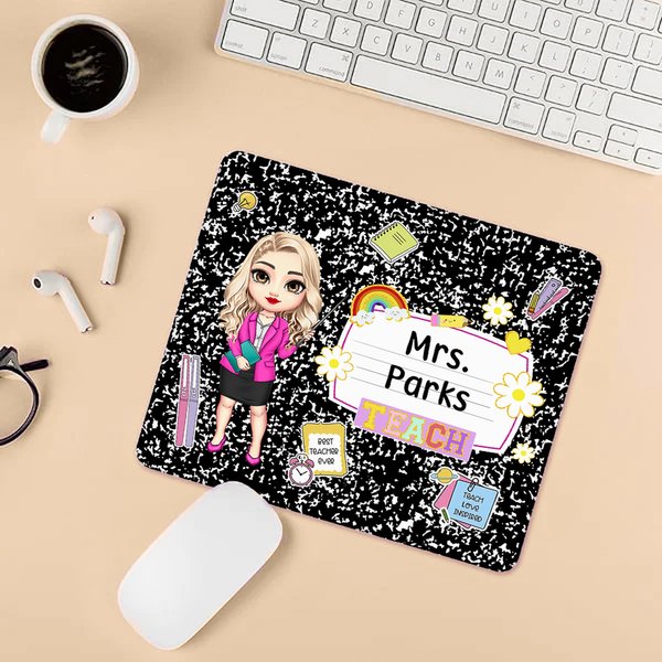 Personalized Cartoon Teacher Character Anti-Slip Mouse Pad with Name Teacher's Day Back to School Appreciation Gift for Teachers Educators