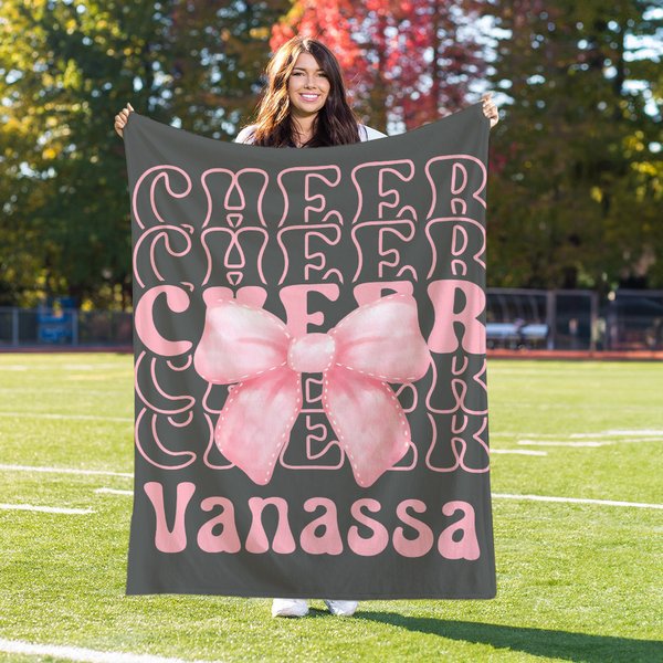 Personalized Cheer Pink Coquette Bow Soft Throw Blanket with Name Home Decor Birthday Team Gift for Cheerleaders Girls