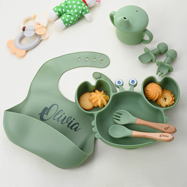 Set di posate personalizzato con nome materiale in silicone alimentare con piatto con ventosa a forma di granchio regalo utile e pratico per bambini