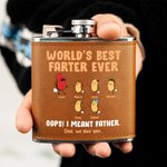 Personalized Cute Farting Bean 6 oz Stainless Steel Liquor Hip Flask with Leather Cover and 1-10 Kid Names Father's Day Birthday Gift for Drinkers Dad