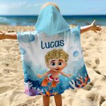 Toalla de playa de secado rápido con capucha y nombre personalizada con dibujos de niños del mundo marino Esenciales de playa Vacaciones de verano Regalo de cumpleaños para niños Niñas