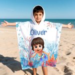 Toalla de playa de secado rápido con capucha y nombre personalizada con dibujos de niños del mundo marino Esenciales de playa Vacaciones de verano Regalo de cumpleaños para niños Niñas