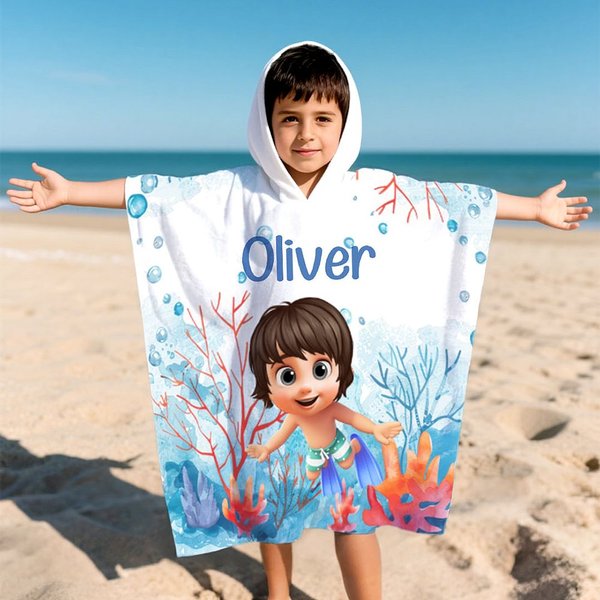 Toalla de playa de secado rápido con capucha y nombre personalizada con dibujos de niños del mundo marino Esenciales de playa Vacaciones de verano Regalo de cumpleaños para niños Niñas