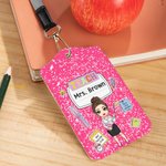 Personalised Cartoon Character Clipart Teach ID Badge Holder with Name and Lanyard Office Back to School Teacher's Day Gift for Educator