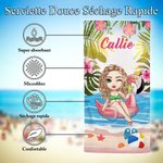 Serviette de Plage Personnalisée avec Personnage de Dessin Animé et Nom Motif Plantes Tropicales Cadeau Anniversaire Plage Vacances pour Femme Fille