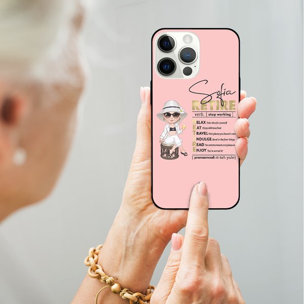 Personalized Cartoon Retired Character Multicolor TPU Phone Case for iPhone with Name Birthday Retirement Gift for Women