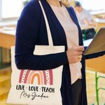 Bolsa de Lona Reutilizable Boho Arco Iris Personalizada con Texto Agradecimiento Anual Día del Profesor Regalo para Profesores Educadores