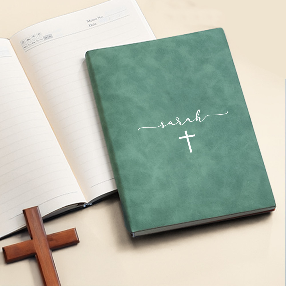 Cahier personnalisé en cuir PU avec nom et 200 pages Accessoires d'enregistrement Cadeau d'anniversaire religieux Cadeau de baptême pour les chrétiens