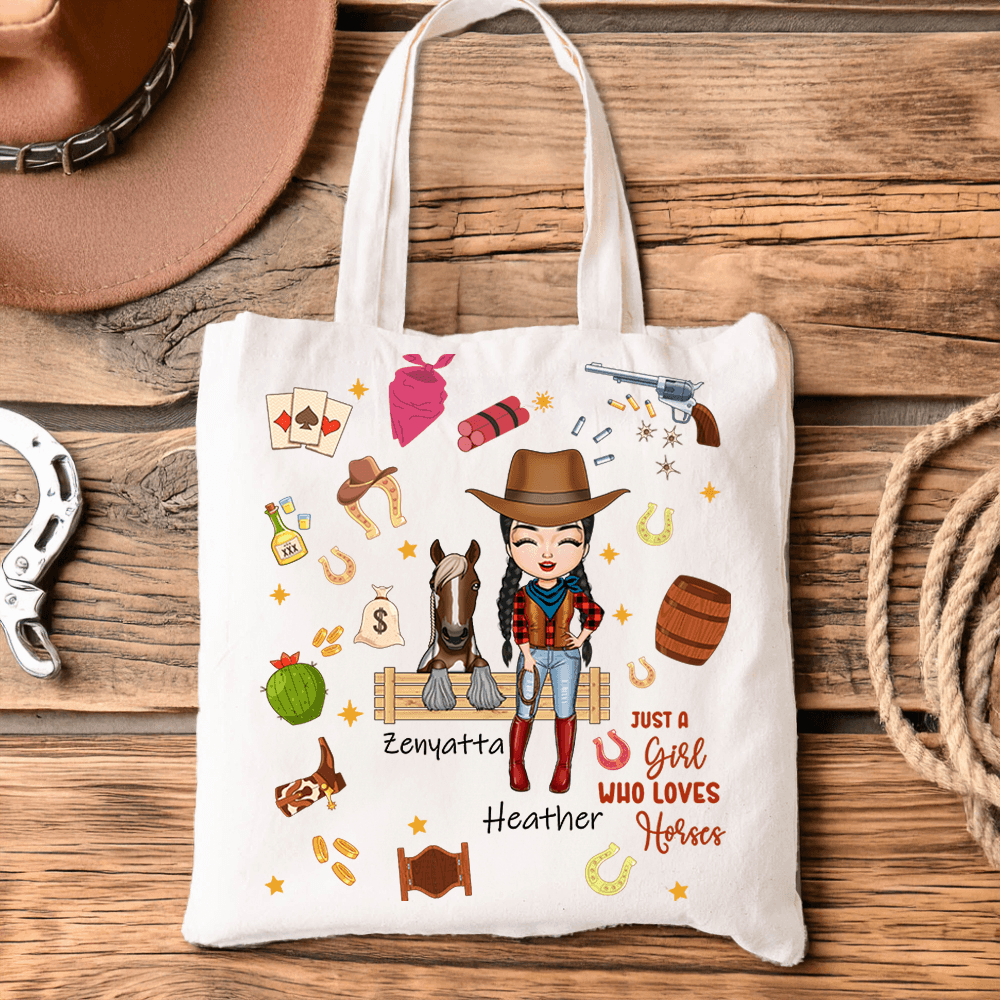 Personalized Western Cowgirl and Horse Clipart Canvas Bag with Name, Large Capacity Travel/Shopping Bag, Gift for Horse Lovers/Riders/Equestrians