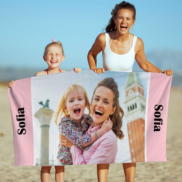 Asciugamano da spiaggia personalizzato con foto e testo multicolore ad asciugatura rapida vacanze estive regalo per famiglia e bambini