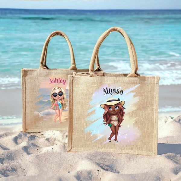 Bolsa de yute grande personalizada con nombre Accesorios de vacaciones en la playa Regalo de cumpleaños para niñas Mujeres