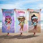 Personalised Shiny Fashion Cartoon Girl Quick Dry Oversized Beach Towel with Name Travel Essential Beach Party Gift for Girls Women