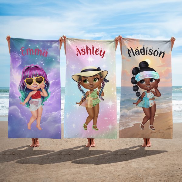 Personalised Shiny Fashion Cartoon Girl Quick Dry Oversized Beach Towel with Name Travel Essential Beach Party Gift for Girls Women