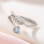 Bague en Argent Sterling Personnalisée avec Pierre de Naissance Forme Coeur et Aile d'Ange Cadeau d'Anniversaire pour Femme