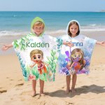 Toalla de playa de secado rápido con capucha y nombre personalizada con dibujos de niños del mundo marino Esenciales de playa Vacaciones de verano Regalo de cumpleaños para niños Niñas