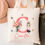 Borsa di tela personalizzata con nome e iniziale con bouquet di fiori di nascita personaggio in stile animato riutilizzabile grande regalo per donne