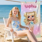 Personalised Shiny Fashion Cartoon Girl Quick Dry Oversized Beach Towel with Name Travel Essential Beach Party Gift for Girls Women