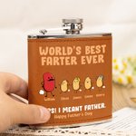 Personalized Cute Farting Bean 6 oz Stainless Steel Liquor Hip Flask with Leather Cover and 1-10 Kid Names Father's Day Birthday Gift for Drinkers Dad