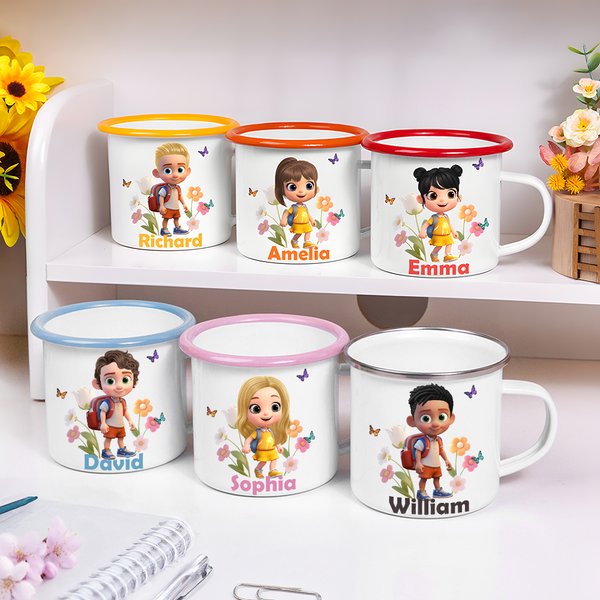 Personalized Flower Butterfly 3D Cartoon Character Portable 12 oz Enamel Cup with Name Anniversary Birthday Gift for Boys Girls