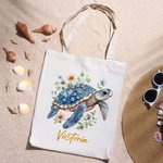 Personalisierte florale Meeresschildkröte wiederverwendbare Canvas Tote Bag mit Namen Sommer Strand Urlaub Reisen Essentials Geburtstag Geschenk für Frauen