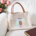 Personalised Summer Shiny Fashion Cartoon Girl Large Canvas Tote Bag with Leather Handle Beach Vacation Accessories Birthday Gift for Girls Women