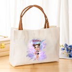 Personalised Summer Shiny Fashion Cartoon Girl Large Canvas Tote Bag with Leather Handle Beach Vacation Accessories Birthday Gift for Girls Women