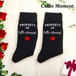 Callie Moment Personalized Pure Cotton Soft Red Lip Print Property Of Name Mid-Calf Socks Valentine's Day Anniversary Gift for Husband Boyfriend
