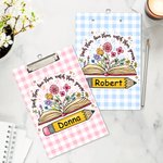 Personalized Plaid Pencil Floral Book Design Hanging Clipboard with Low Profile Clip and Name Teaching Tool Teacher's Day Gift for Teachers Educators