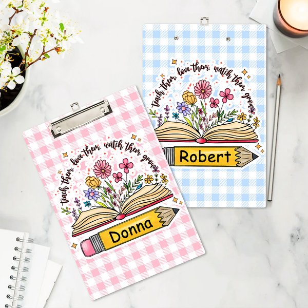 Personalized Plaid Pencil Floral Book Design Hanging Clipboard with Low Profile Clip and Name Teaching Tool Teacher's Day Gift for Teachers Educators