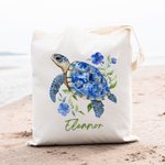 Personalisierte florale Meeresschildkröte wiederverwendbare Canvas Tote Bag mit Namen Sommer Strand Urlaub Reisen Essentials Geburtstag Geschenk für Frauen